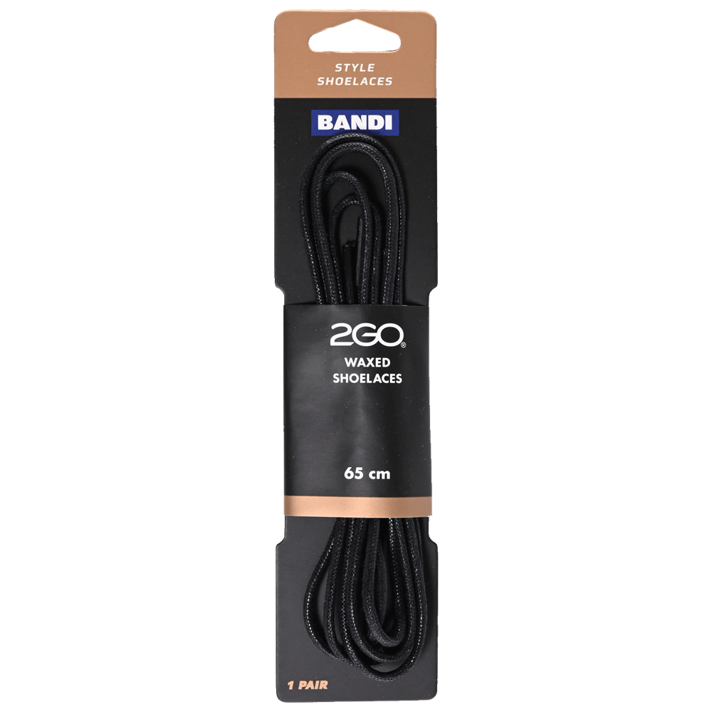 2GO Waxed Shoelaces Black 65cm