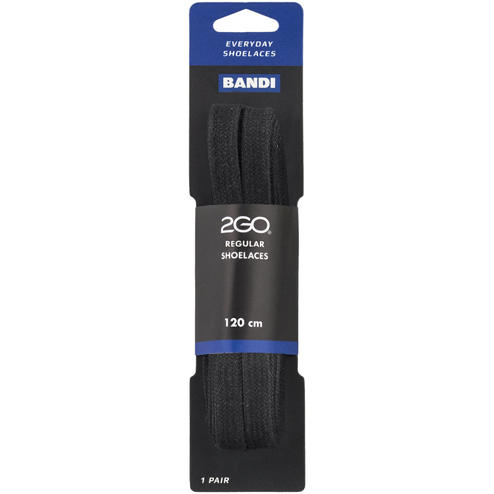 2GO Regular Flat Shoelaces 205 Black 120 cm