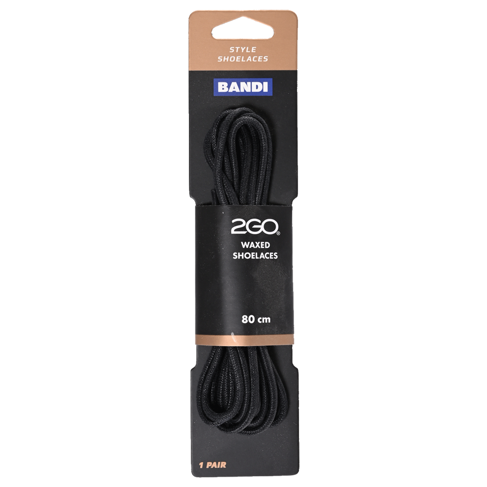 2GO Waxed Shoelaces 163 Black 80cm
