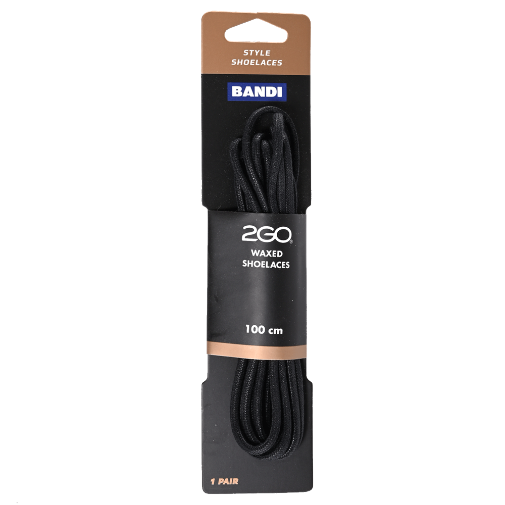 2GO Waxed Shoelaces 165 Black 100 cm