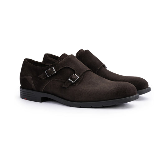 Lloyd EEZY 220 mørkebrun ruskind monk strap som par set skråt forfra